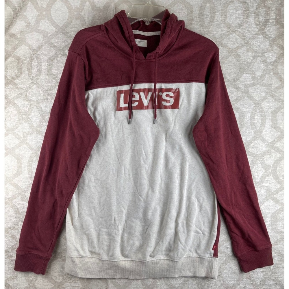 Levi's Colorblock Hoodie Mens XL Burgundy Cream Batwing Logo Fleece Pullover
